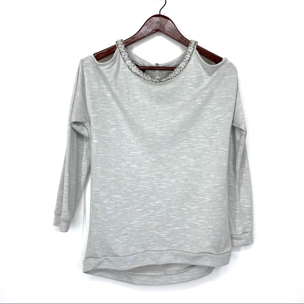 INC Gray Jeweled Dressy Sweater With Cutouts & Keyhole Back Size XS